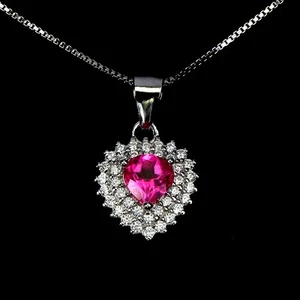 925 Sterling Silver Necklace Heart Pink Topaz 5mm Gemstone Jewelry 18 Inches - Picture 1 of 14
