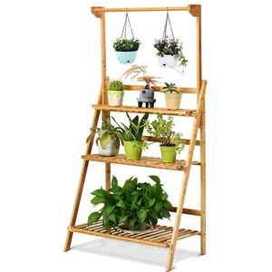 Bamboo Shelf Flower Pot Plant Stand Rack Garden Indoor Outdoor Patio Bookcase - Picture 1 of 23