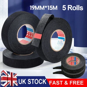 5 Rolls/Set 15m*19mm Harness Tape Black 51608 Adhesive Cloth Fabric Wiring Loom - Picture 1 of 12