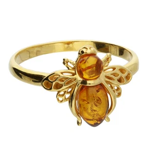 Cognac Amber Bumble Bee Ring 24k Yellow Gold on Solid Sterling Silver 925 - Picture 1 of 4