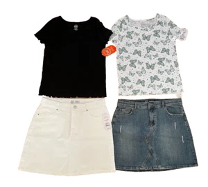 New GIRL size 18  LOT 2 denim skirts blue & white adjustable waist + 2 rib tops - Picture 1 of 12