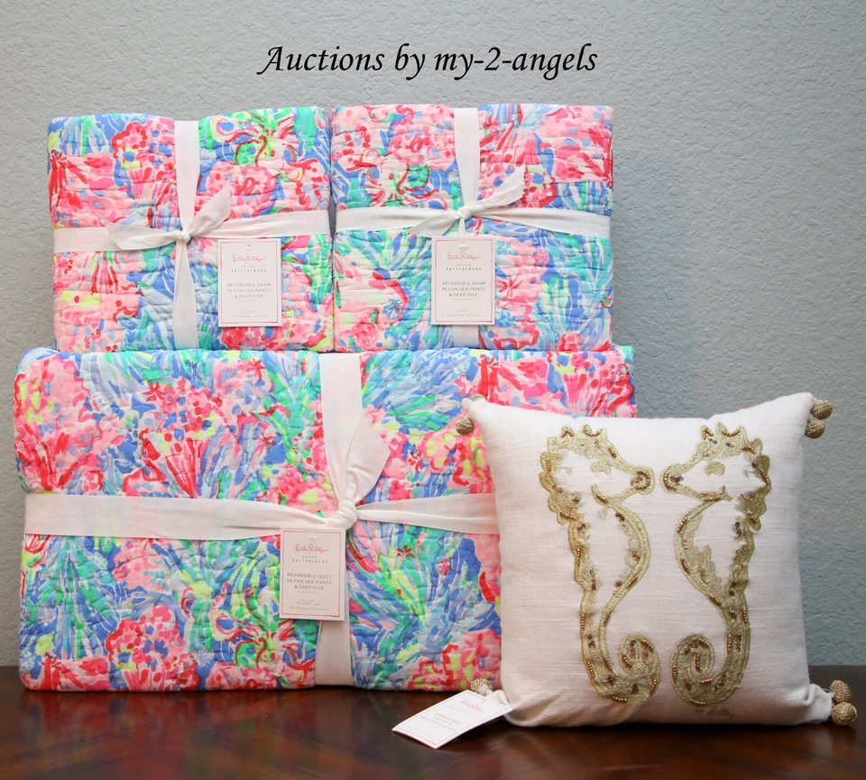 Pottery Barn LILLY PULITZER ABANICO PANTALONES DE MAR F/Q Completo/Queen Edredón + Fundas + Almohada Foto 1 de 1
