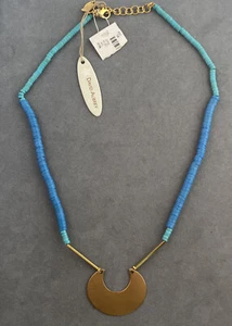 David Aubrey Blue Heishi Bead Brass Crescent Pendant Necklace - Picture 1 of 6
