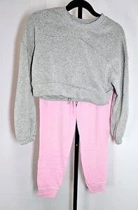 Rundhals Fleece Crop Top und Jogginghose Freizeit Set - Rosa und Grau - Gr. M - Bild 1 von 11