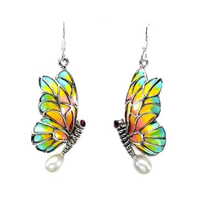 925 Sterling Silver Earrings Round Ruby Pearl Gemstone Butterfly Enamel Jewelry - Picture 1 of 14