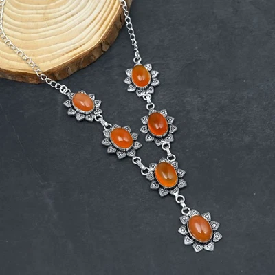 Corniola Gemma Artigianale 925 Sterling Argento Gioielli Collana - Immagine 1 di 4