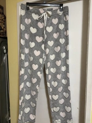 Secret Treasures Pink White Hearts Gray Pajama Pants Hearts Fuzzy Size L 12-14 - Image 1 of 4