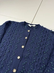 VTG JG Hook Sweater Womens L Wool Aran Knit Cable Cardigan Button Polka Dot Blue - Picture 1 of 9