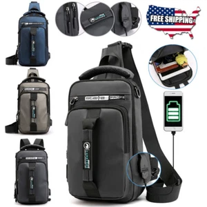 Anti-Theft Men's Sling Crossbody Bag Chest Shoulder Messenger Backpack USB Port - Picture 1 of 17