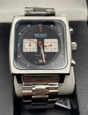 Mens Watch Monaco Chronograph Calibre 12 Mens Luxury Quartz  Steel Strap New UK - Imagem 1 de 4