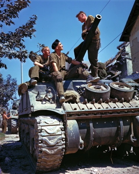 New 8x10 World War II Photo: Canadian Crew of M4 Sherman Tank, Vaucelles - Image 1 of 1