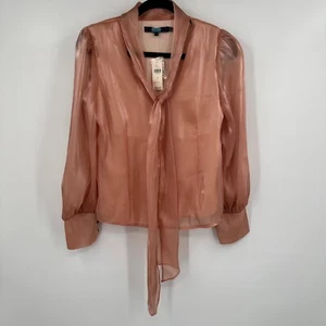 Eva Franco Anthropologie Rosetta Shimmer Blouse Womens Small Pink Sheer Tie Neck - Picture 1 of 11