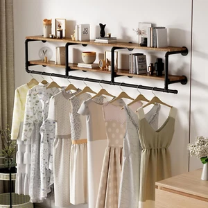 Industrial Pipe Clothing Rack with Shelves, Black Wall Mounted Clothes Rack Heav - Picture 1 of 7