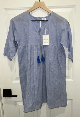 $88 Mer St. Barth Sara Popover Dress Girls Kids Size 10 Blue Stripe Swiss Dot - Image 1 of 4