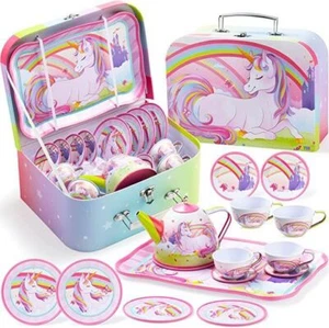 JOYIN Unicorn Tea Party Set for Girls Pretend Tin Teapot Carrying Case Kids Gift - Picture 1 of 6