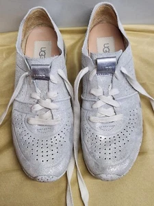UGG Australia Treadlite Tye Sneakers Womens 7 Stardust Silver Leather Lace Up - Picture 1 of 11