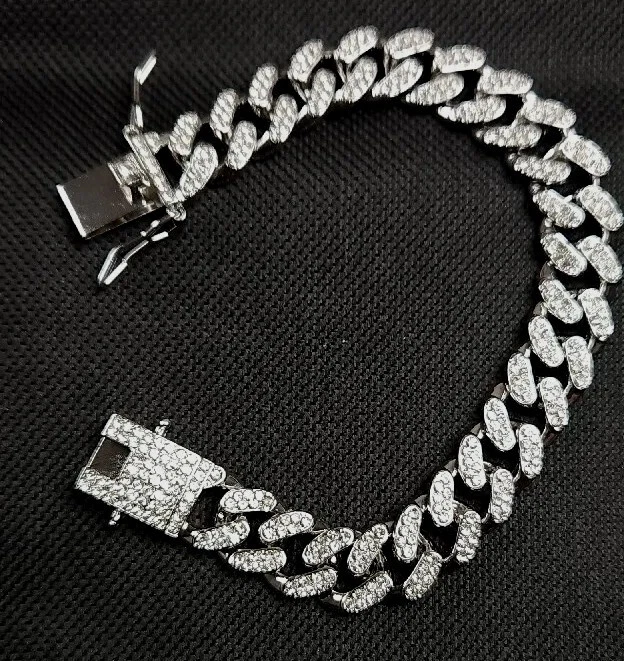 Mens Iced Silver Plated Alloy/zircon Miami Cuban Link Bracelet L:7.8" W:.5" - Image 1 of 4