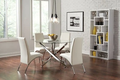 COOL CONTEMPORARY ROUND GLASS CHROME TABLE WHITE CHAIRS DININGROOM FURNITURE SET - Image 1 of 4