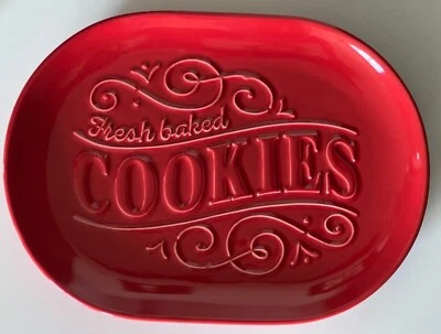 Vintage Hallmark Embossed "COOKIES" Platter Bright Red Stoneware 11” x 8” EUC - Image 1 of 3