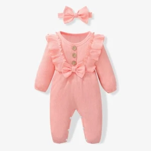Baby Girl Pink Jumpsuit Size 9-12 Months Cotton Ribbed Jumpsuit With Headband - Picture 1 of 13