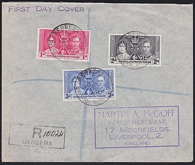 BR SOMALILAND 1937 Coronation registered FDC ex Berbera to UK..............B6728 - Image 1 of 1