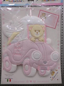 FIOCCO NASCITA COCCARDA FUORI PORTA AUTOMOBILE CON CICOGNA E ORSETTO ROSA BIMBA - Picture 1 of 1