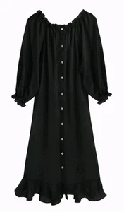 Eloquii Black Linen Blend Midi Shirt Dress 18/20 Button Ruffled Whimsigoth Boho - Picture 1 of 9