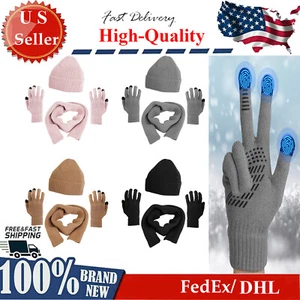 Winter Knitted Hat Scarf Gloves 3Pcs Winter Warm Beanie and Touch Screen Gloves - Picture 1 of 46