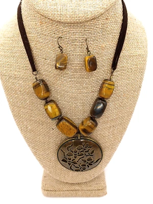 Винтажный Avon/SP тигр глаз ожерелье и серьги с вырезом цветочный кулон - Изображение 1 из 4
