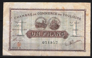1 Franc Ticket. Toulouse Chamber of Commerce. France, 1920 - Picture 1 of 2