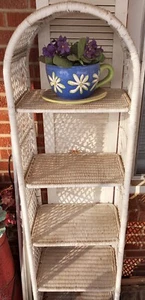 Vintage White Wicker Rattan Boho Cottage Shabby Chic Shelf (5 Shelves) - Picture 1 of 11