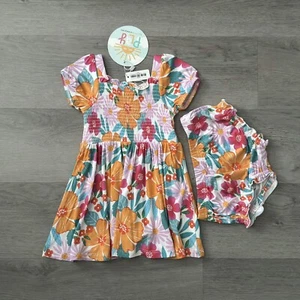 Little Sleepies Puff Sleeve Smocked Dress w/ Bloomer Baby Girls Size 6-12 Months - Picture 1 of 11