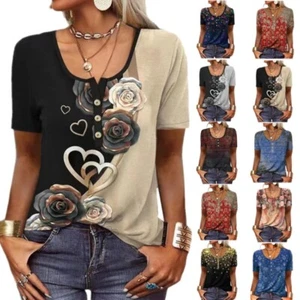 Women Casual V-Neck Short Sleeve T-Shirt Button Front Ethnic Floral Blouses Top - Picture 1 of 57
