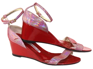 Walter Steiger Red Patent Leather Wedge Heels Ankle Strap Iridescent Size 7.5 B - Picture 1 of 9