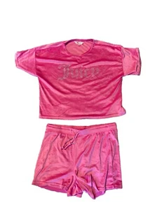 JUICY COUTURE Pajama Shorts & Top Pink Velour Rhinestone Spellout Size L - Picture 1 of 8