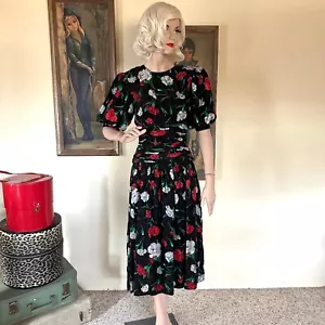 Vintage 80s Silk Jacquard Floral Puff Sleeve Cocktail Party Dress Ruched Waist M - Picture 1 of 10