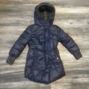 Nono Puffer Jacket Fur Lined Dark Blue Coat Sz 8 Girls Ski Snow EUC Button Zip - Picture 1 of 11