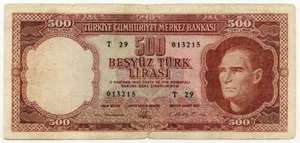 TURKEY 1959 ISSUE 500 LIRA BANKNOTE RARE CRISP FINE-VF.Pick#171. - Picture 1 of 2