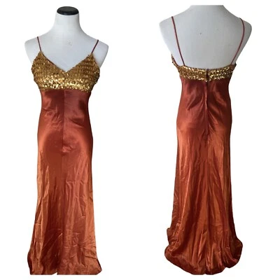 Vestido largo de lentejuelas dorado cobre años 70 de colección talla 6? Sexy discoteca ajustada con cuello en V óxido Foto 1 de 4