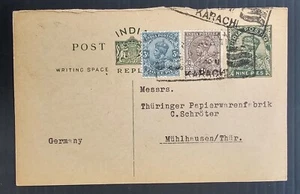 1934 India 9p stamped Postcard ties 3 stamps cd Karachi-Muhlhausen - Bild 1 von 2