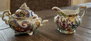 Lefton Paisley Pattern Gold Trim Sugar Bowl Creamer Set 6813 Crossed Sword/Arrow - Picture 1 of 8