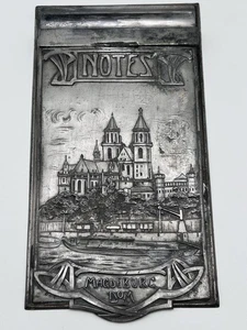 Antik Notizblock Halter Zinn Notes Jugendstil Relief Magdeburg Dom um 1900 Rar - Bild 1 von 9