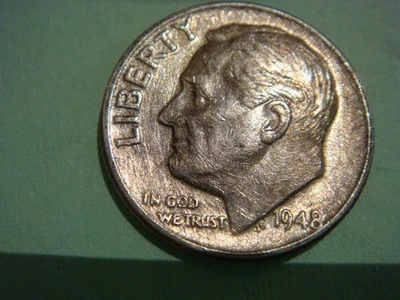 Nicer 1948 P Roosevelt Dime Semi Key Date Silver  AU (grease?) - Image 1 of 2