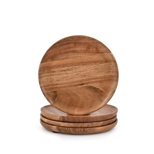 Acacia Wood Round Wood Plates Set of 4, Easy Cleaning & Lightweight for Dishe... - Picture 1 of 6