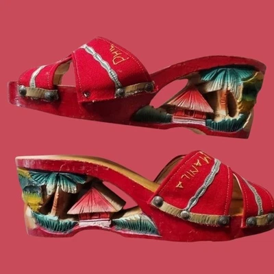 Mules vermelhas vintage esculpidas em madeira tiki luau 6,5 - Imagem 1 de 4