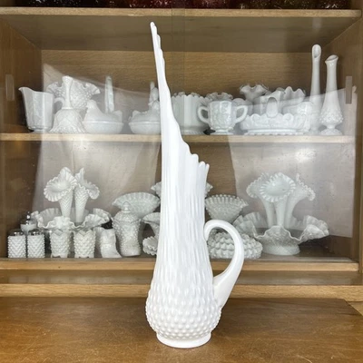 Fenton Glass 19 Inch Hobnail Milk Glass Swing Vase Style Pitcher - Image 1 of 4
