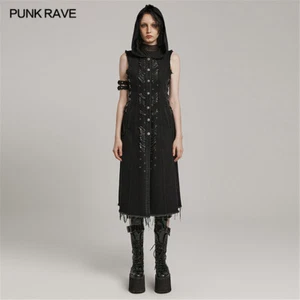 Punk Rave Mujeres Chaleco con Capucha Gótico Cordón Decoración Sin Mangas Chaleco Largo - Imagen 1 de 11