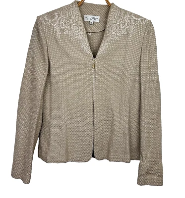 St John Evening Jacket Blazer 14 Beige Knit Beaded Full Zip Old Money Luxury - Image 1 of 4