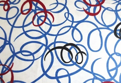 VTG COTTON LINEN MOD ABSTRACT 60'S 70'S FABRIC RED BLUE BLACK ON WHITE 4.5 YDS - Image 1 of 3