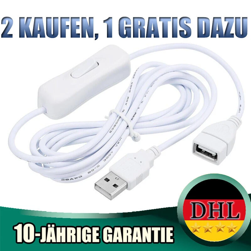 USB-Verlängerungskabel Mit Ein/Aus-Schalter – 2 Meter, Schwarz, Stecker Auf Buchse
